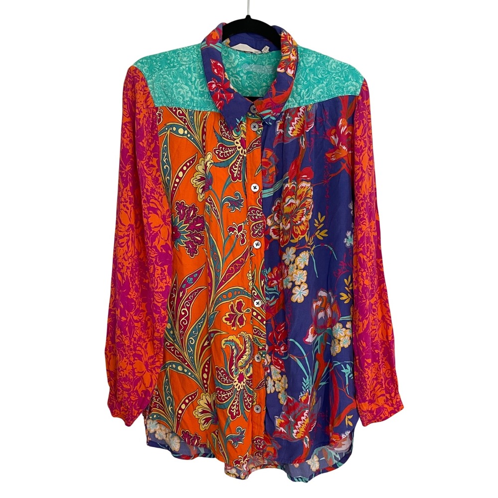 Soft Surroundings Patchwork Floral Paisley Button Front Tunic Top 1X Boho